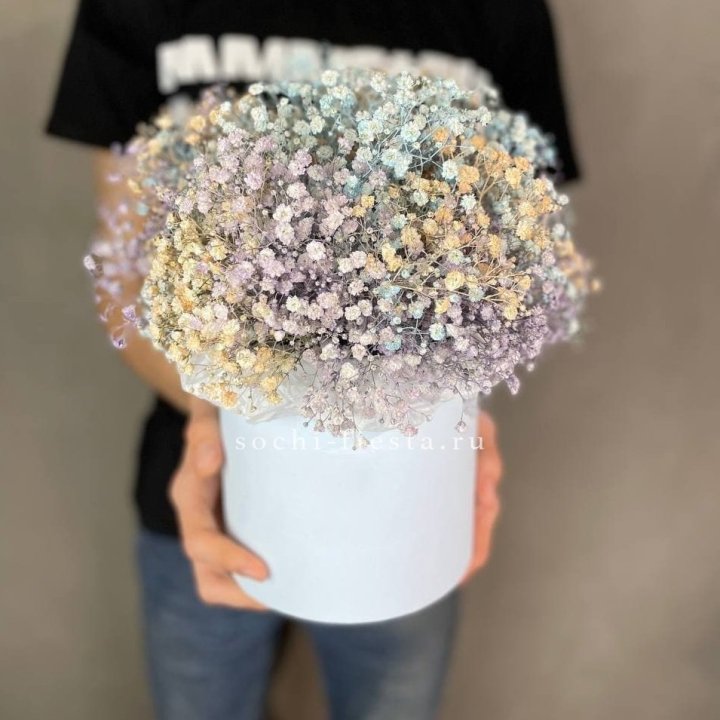 9 Радужных гипсофил в шляпной коробке в Казани