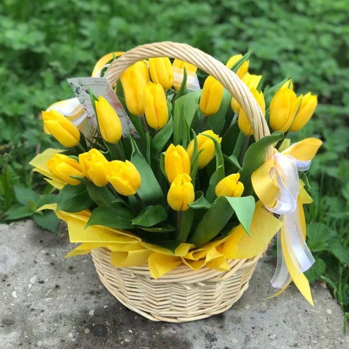 25 желтых тюльпанов в корзине в Казани